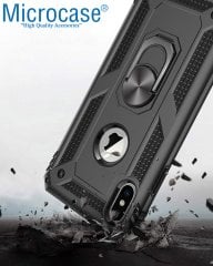 Microcase iPhone XS Max Anka Serisi Yüzük Standlı Armor Kılıf Siyah + Tempered Glass Cam Koruma