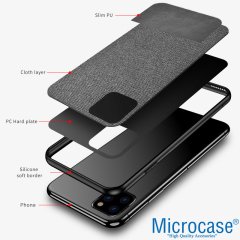 Microcase Apple iPhone 11 Pro Max Fabrik Serisi Kumaş ve Deri Desen Kılıf - Gri + Tempered Glass Cam Koruma