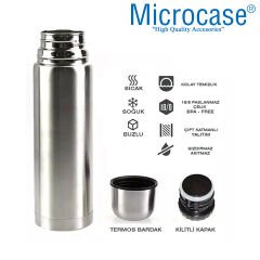 Microcase Deri Kılıflı Paslanmaz Çelik 750 ml 12 Saat Sıcak Soğuk Tutan Çay Kahve Su Termosu - AL3676 Gümüş