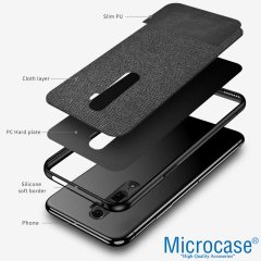 Microcase Oppo Reno 2 Fabrik Serisi Kumaş ve Deri Desen Kılıf - Siyah