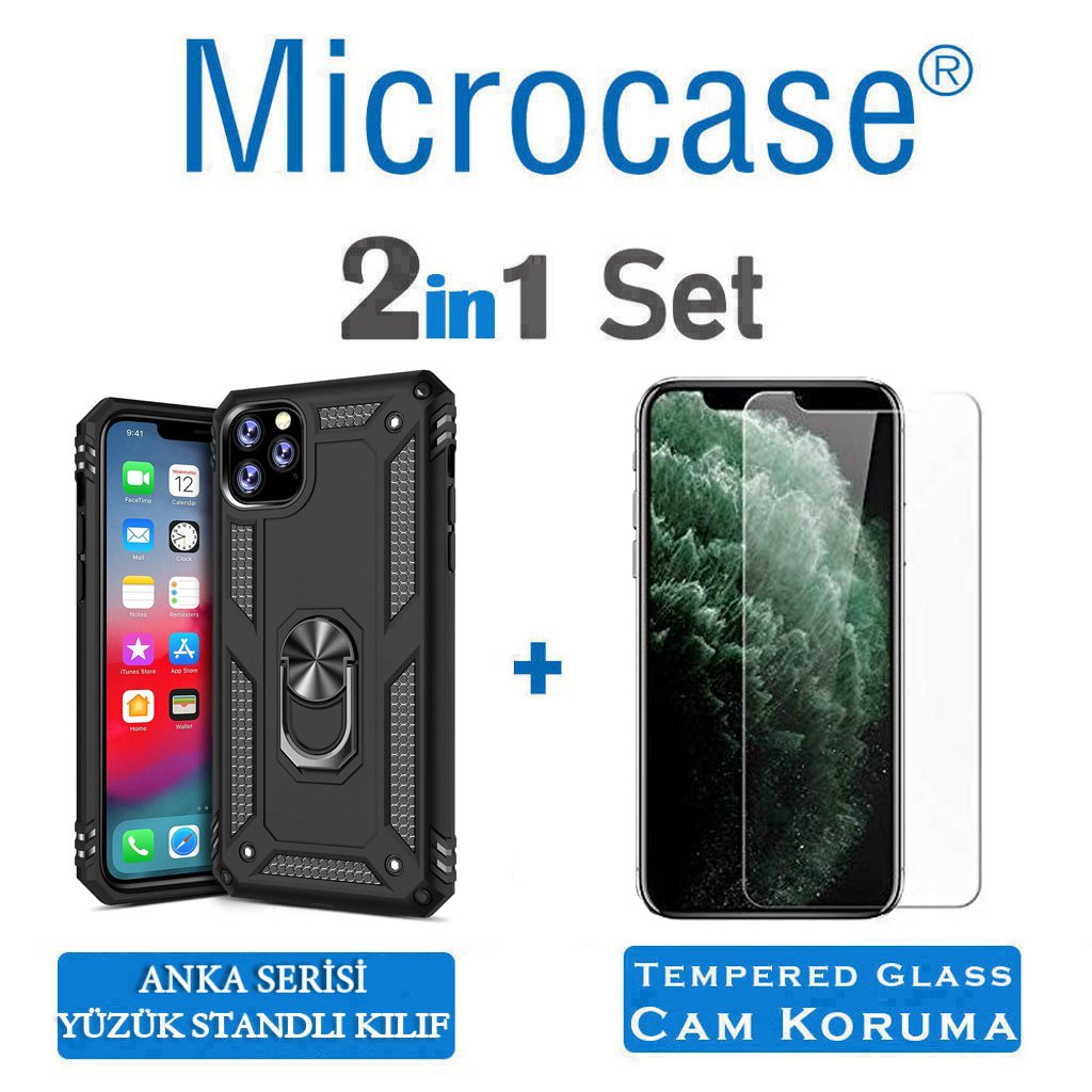 Microcase iPhone 11 Pro Max Anka Serisi Yüzük Standlı Armor Kılıf - Siyah + Tempered Glass Cam Koruma
