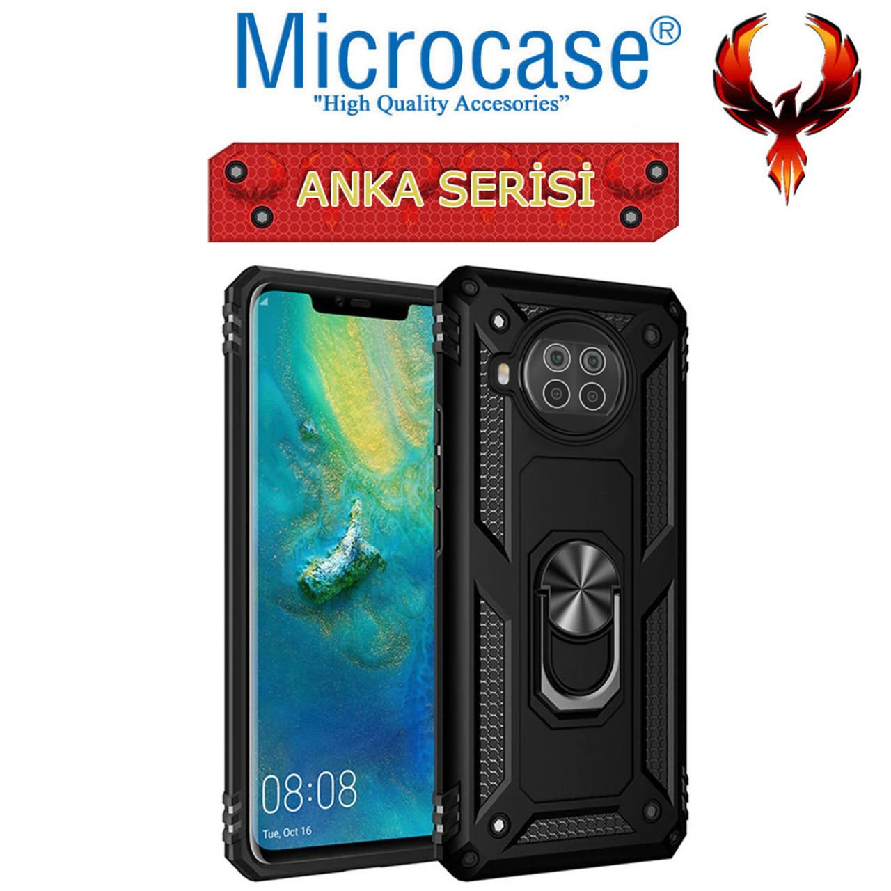 Microcase Xiaomi Mi 10T Lite Anka Serisi Yüzük Standlı Armor Kılıf - Siyah