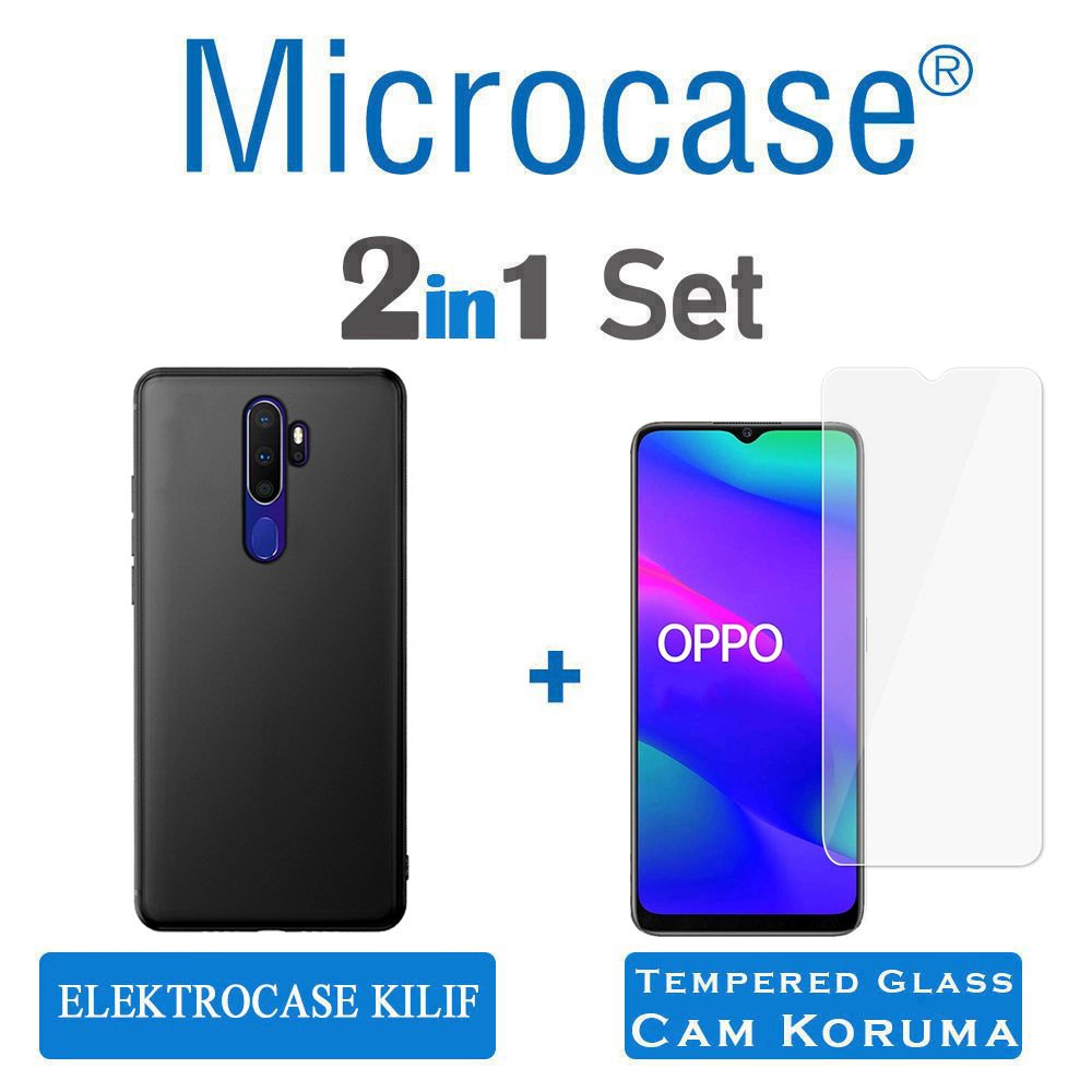 Microcase Oppo A5 2020 - Oppo A9 2020 Elektrocase Serisi Kamera Korumalı Silikon Kılıf - Siyah + Tempered Glass Cam Koruma
