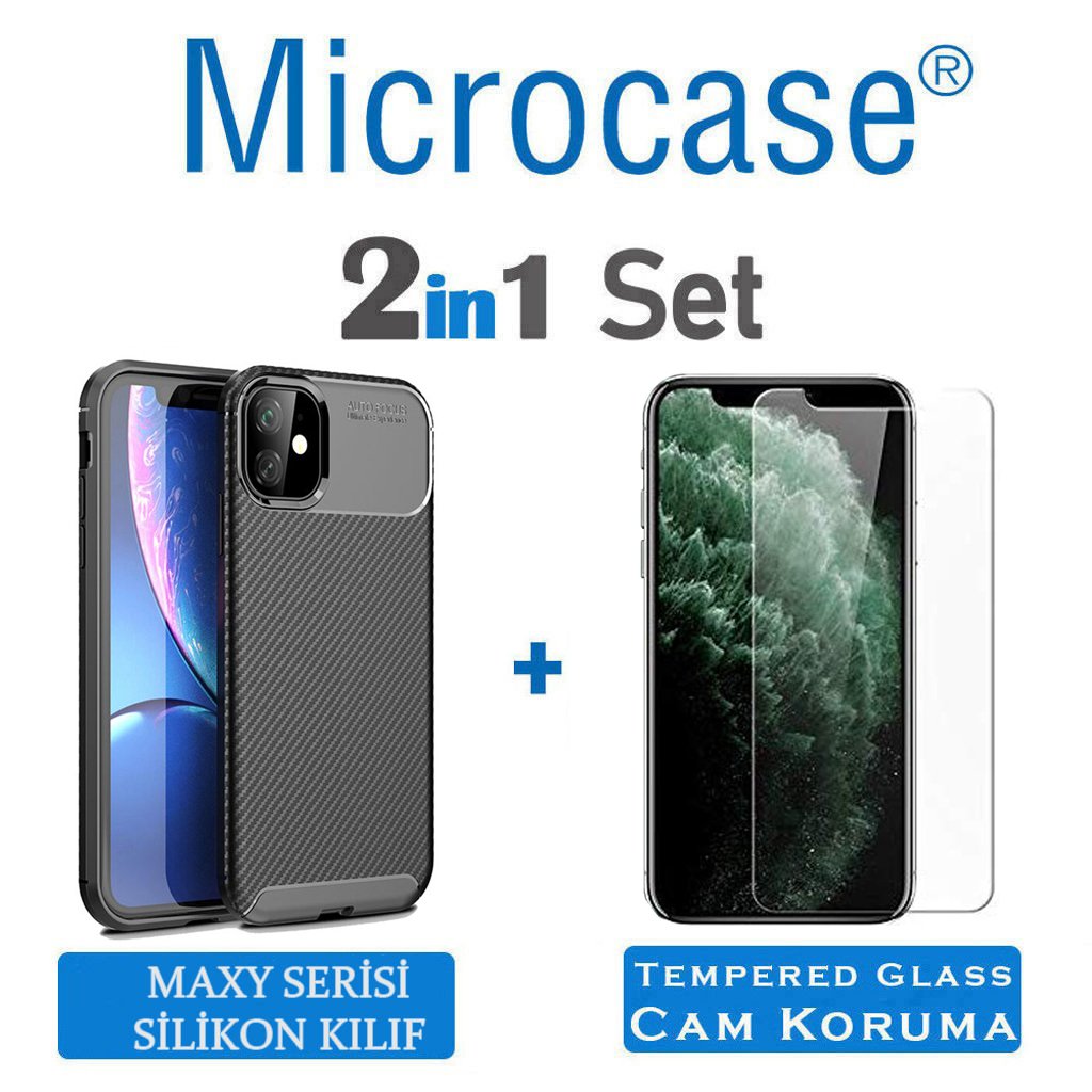 Microcase iPhone 11 Maxy Serisi Carbon Fiber Silikon Kılıf - Siyah + Tempered Glass Cam Koruma