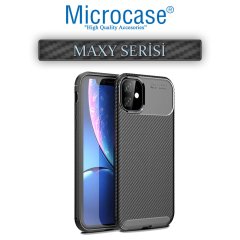 Microcase iPhone 11 Maxy Serisi Carbon Fiber Silikon Kılıf - Siyah + Tempered Glass Cam Koruma