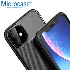 Microcase iPhone 11 Maxy Serisi Carbon Fiber Silikon Kılıf - Siyah + Tempered Glass Cam Koruma