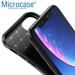 Microcase iPhone 11 Maxy Serisi Carbon Fiber Silikon Kılıf - Siyah + Tempered Glass Cam Koruma