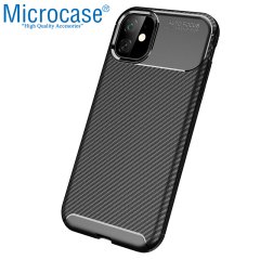 Microcase iPhone 11 Maxy Serisi Carbon Fiber Silikon Kılıf - Siyah + Tempered Glass Cam Koruma
