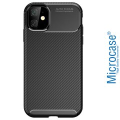 Microcase iPhone 11 Maxy Serisi Carbon Fiber Silikon Kılıf - Siyah + Tempered Glass Cam Koruma