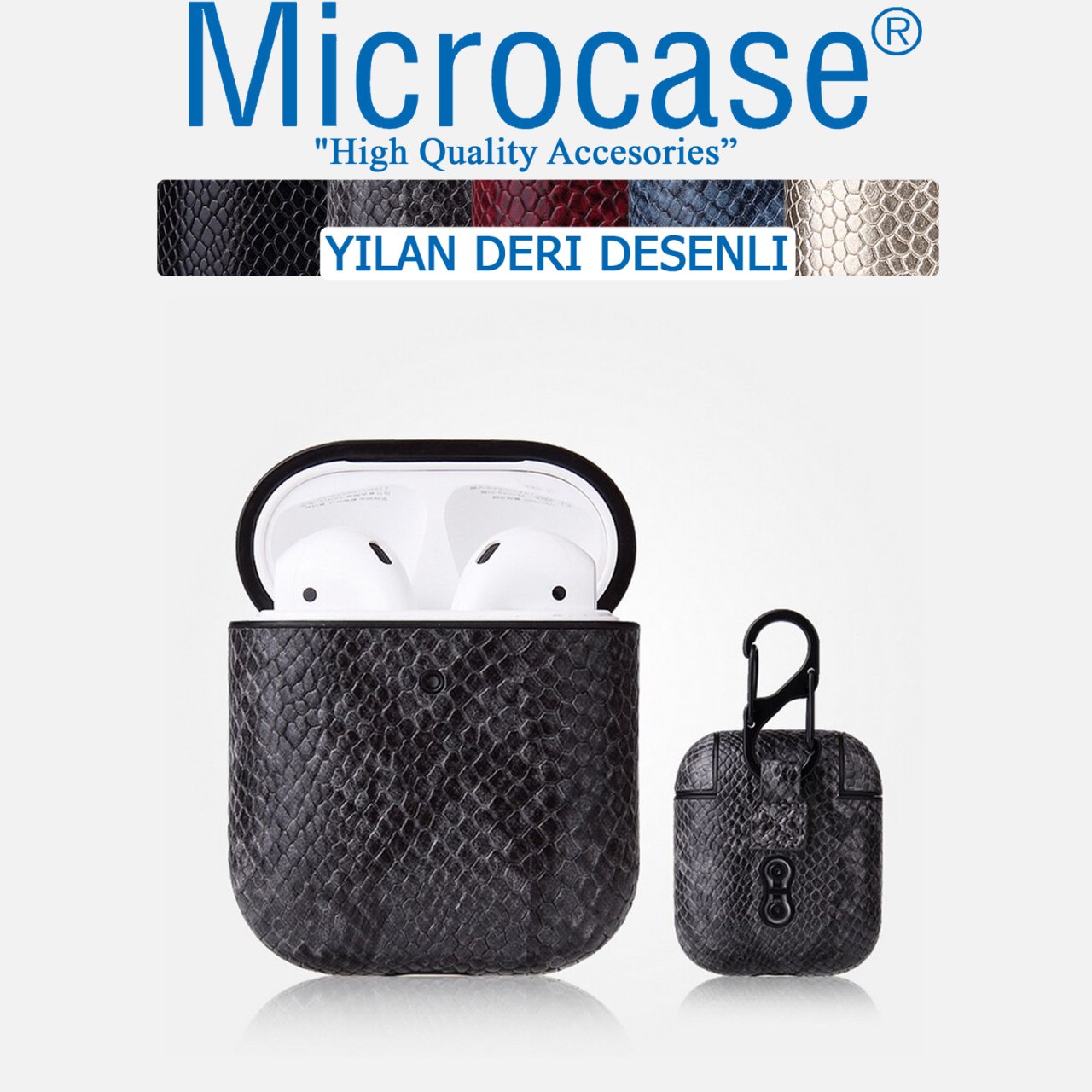 Microcase Airpods Kulaklık ve Şarj Ünitesi için Yılan Derisi Desenli Kılıf - Gri