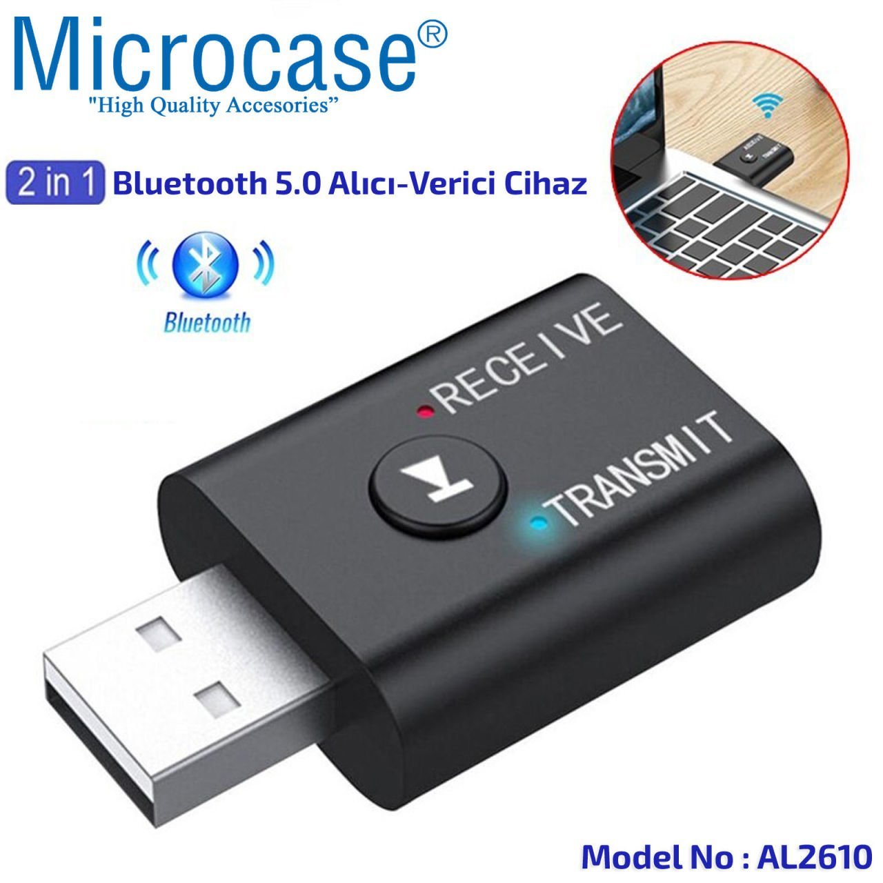 Microcase Bluetooth 5.0 2in1 USB Ses Alıcı - Verici Mini Adaptör 3.5 mm Jack - AL2610