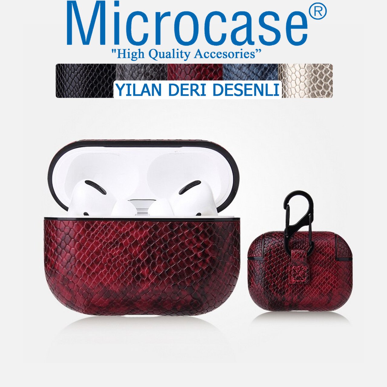 Microcase Airpods Pro Kulaklık ve Şarj Ünitesi için Yılan Derisi Desenli Kılıf - Kırmızı