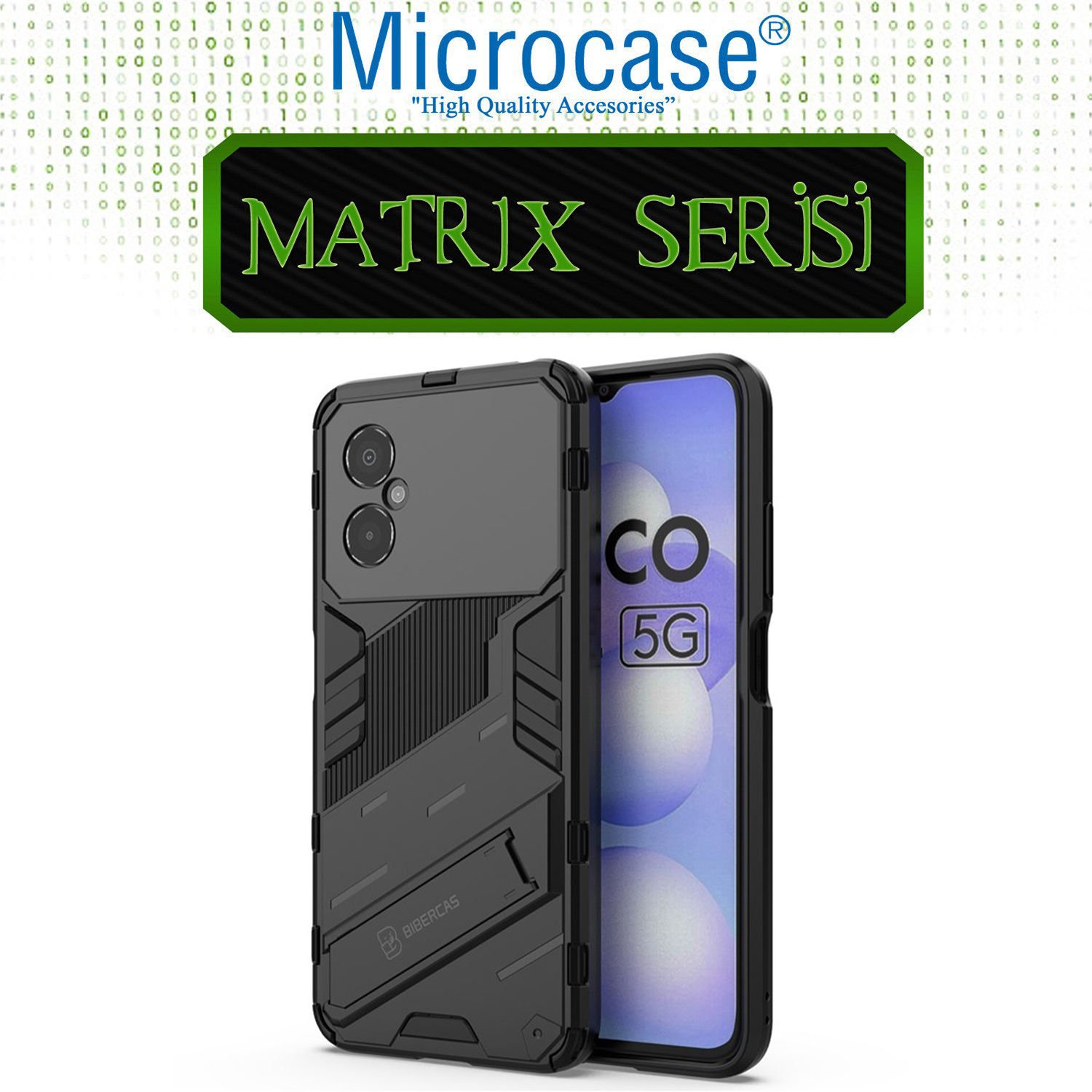 Microcase Xiaomi Poco M4 5G Matrix Serisi Armor Standlı Perfect Koruma Kılıf -Siyah