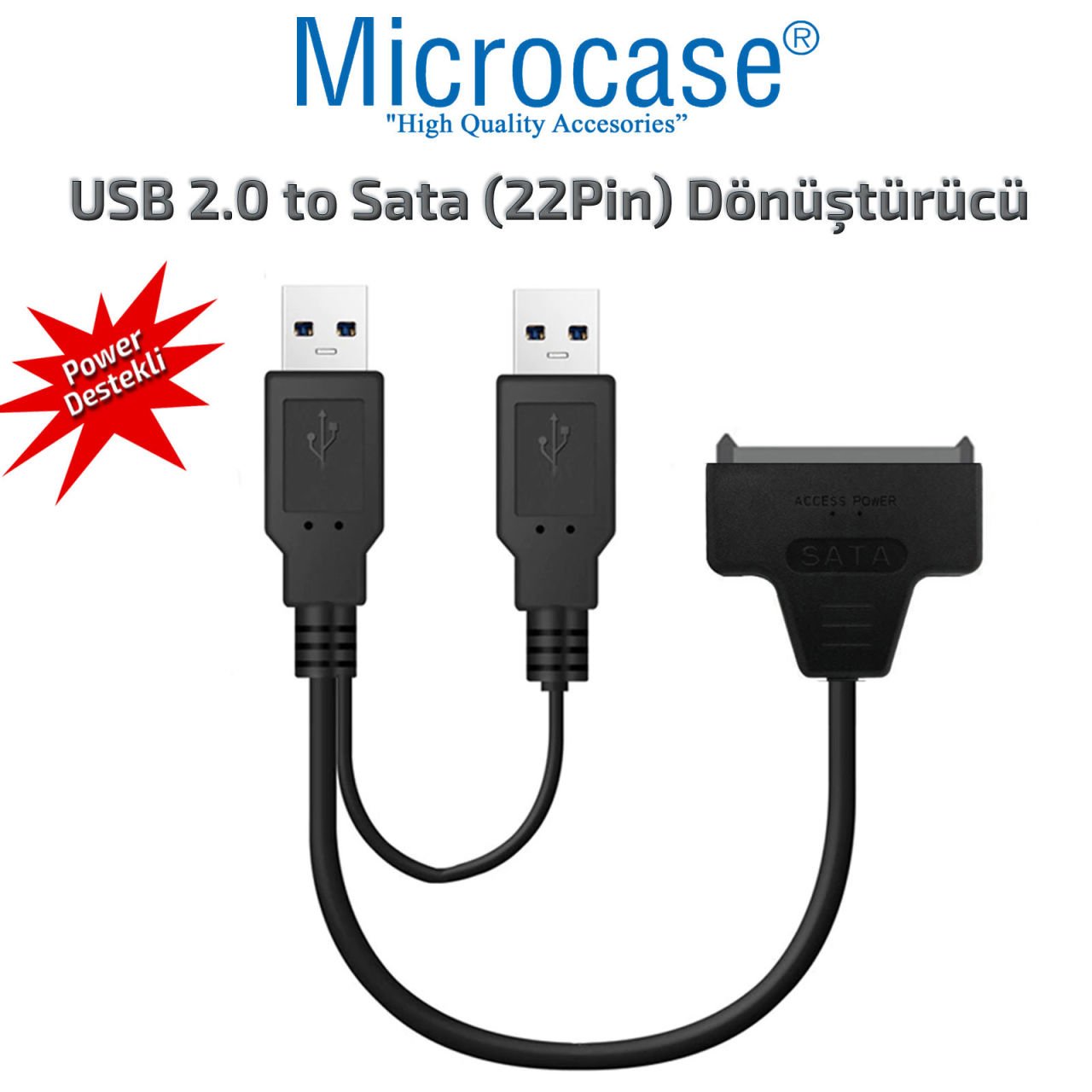 Microcase USB 2.0 to 2.5 inç Sata Power Destekli HDD SSD Çevirici Veri Aktarma Kablosu - AL2627