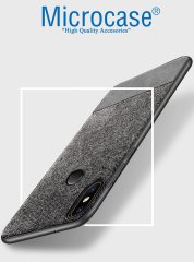 Microcase Xiaomi Mi A2 - Mi 6X Fabrik Serisi Kumaş ve Deri Desen Kılıf - Gri + Tempered Glass Cam Koruma