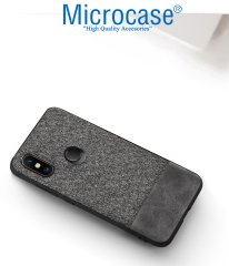 Microcase Xiaomi Mi A2 - Mi 6X Fabrik Serisi Kumaş ve Deri Desen Kılıf - Gri + Tempered Glass Cam Koruma
