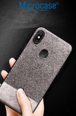 Microcase Xiaomi Mi A2 - Mi 6X Fabrik Serisi Kumaş ve Deri Desen Kılıf - Gri + Tempered Glass Cam Koruma