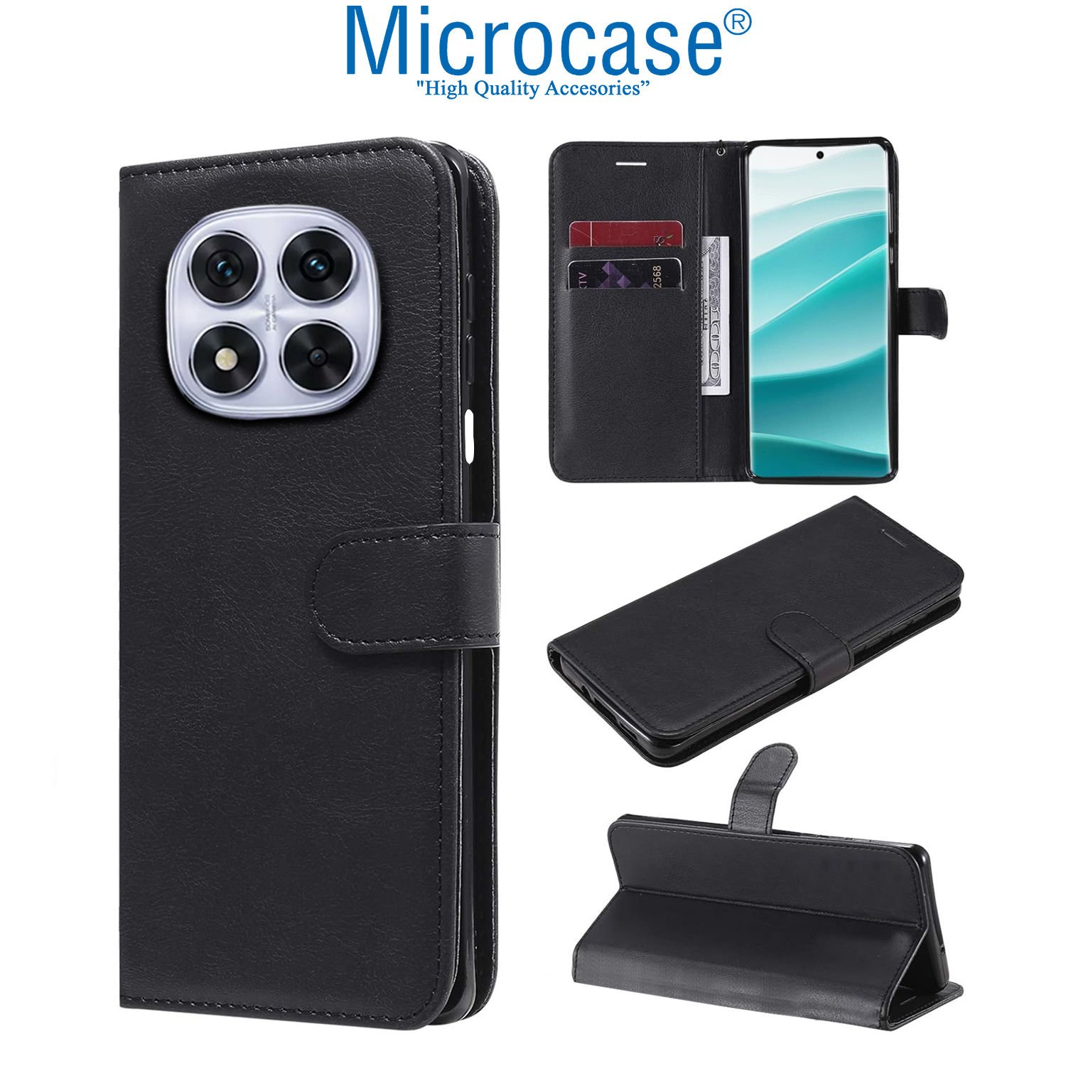 Microcase Xiaomi Redmi Note 14 Pro Plus 5G Darbeye Dayanıklı Cüzdanlı ve Standlı Kapaklı Deri Kılıf Siyah AL4232