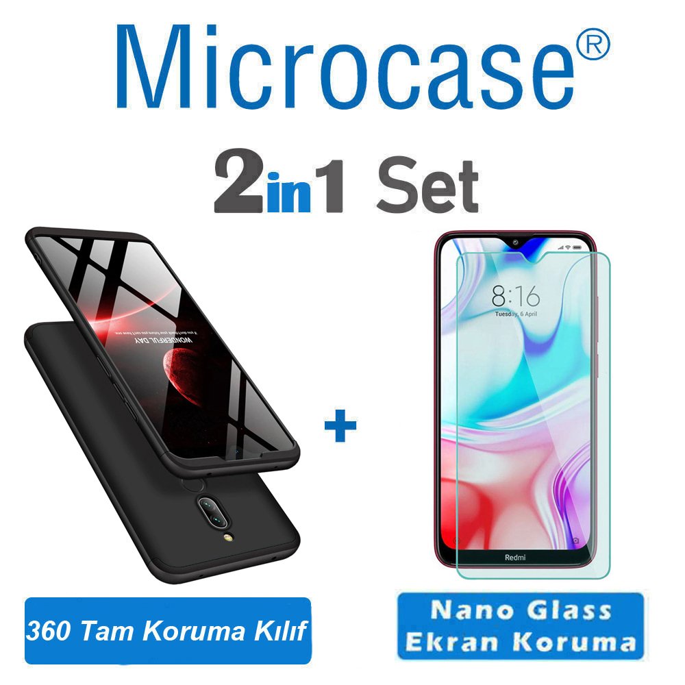 Microcase Xiaomi Redmi 8 Tam Koruma Kapak 360 Derece Kılıf + Nano Ekran Koruyucu - Siyah