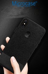 Microcase Xiaomi Mi Max 3 Fabrik Serisi Kumaş ve Deri Desen Kılıf - Siyah