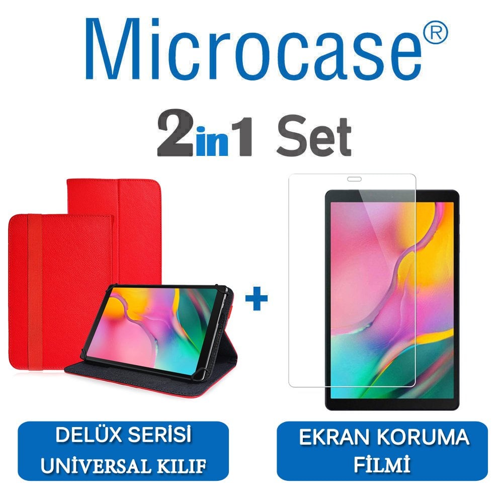 Microcase Samsung Galaxy Tab A 10.1 2019 T510 Delüx Serisi Universal Standlı Deri Kılıf - Kırmızı + Ekran Koruma Filmi