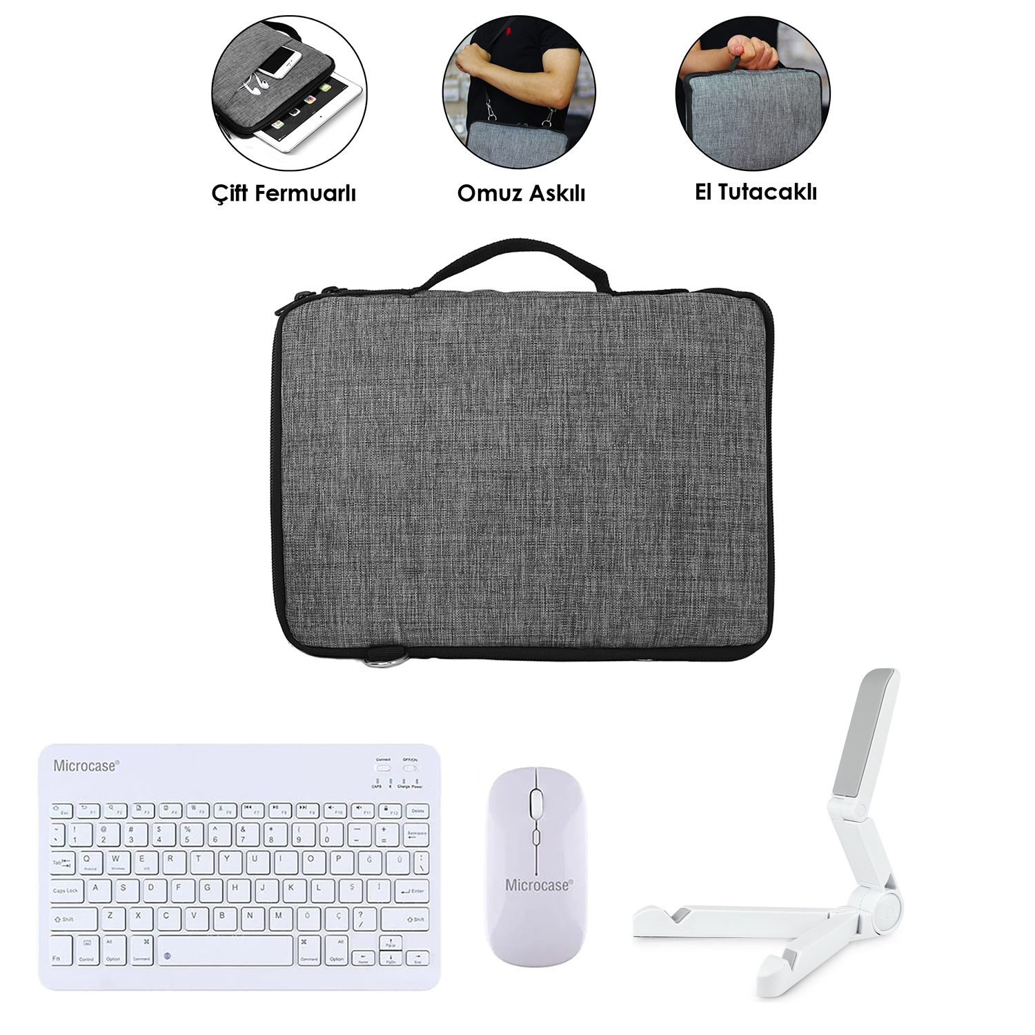Microcase Apple iPad Air 11 2026 ile uyumlu Gri Çanta + Türkçe Bluetooth Klavye + Mouse + Standı - Beyaz AL5163