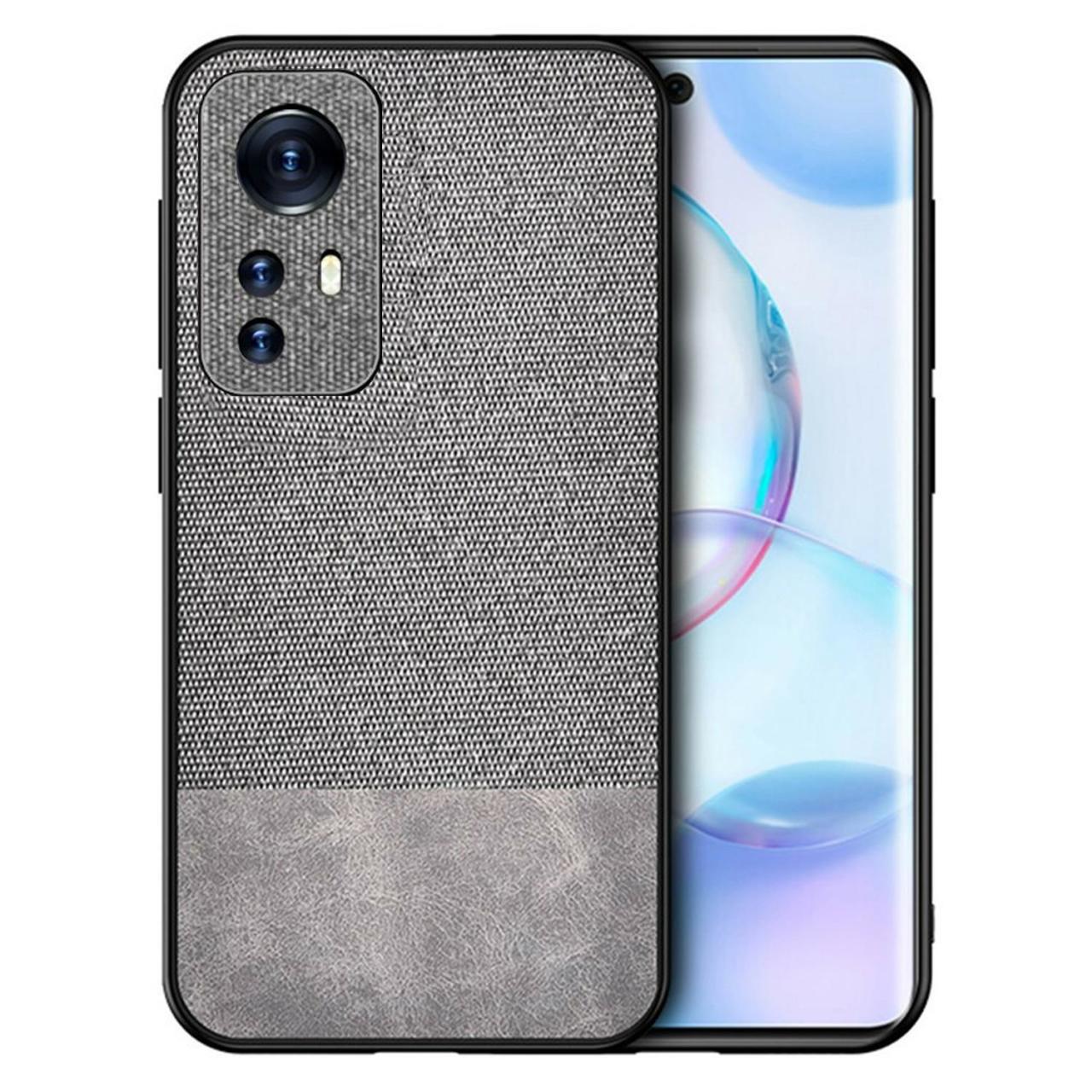 Microcase Xiaomi 12 Pro Fabrik Kumaş ve Deri Desen Kılıf - Gri