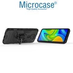 Microcase Xiaomi Redmi Note 9 Batman Serisi Yüzük Standlı Armor Kılıf - Siyah + Tempered Glass Cam Koruma