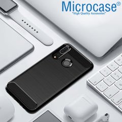 Microcase Huawei P Smart Plus 2019 Brushed Carbon Fiber Silikon Kılıf Siyah + Tempered Glass Cam Koruma