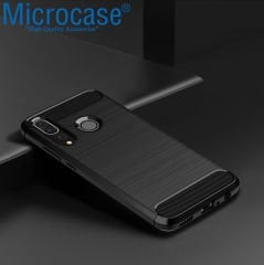 Microcase Huawei P Smart Plus 2019 Brushed Carbon Fiber Silikon Kılıf Siyah + Tempered Glass Cam Koruma