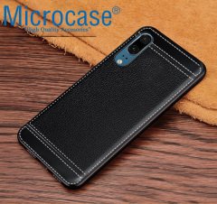 Huawei P20 Leather TPU Serisi DeriKaplama Silikon Kılıf-Siyah+Cam
