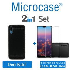 Huawei P20 Leather TPU Serisi DeriKaplama Silikon Kılıf-Siyah+Cam