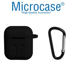 Microcase Airpods Kulaklık ve Şarj Ünitesi için Silikon Kılıf + Kulaklık Askılık + Çengel - Siyah