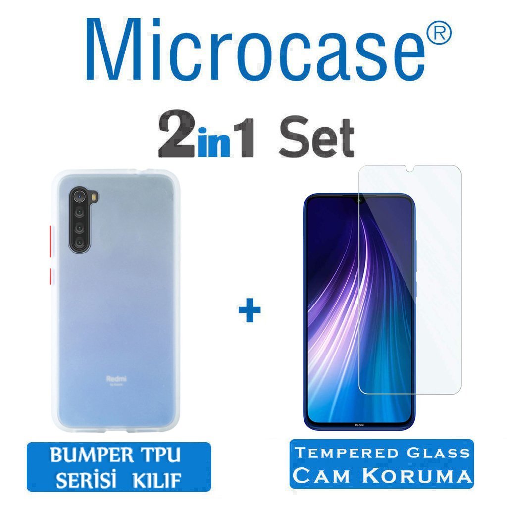 Microcase Xiaomi Redmi Note 8 Bumper Tpu Serisi Sert Kılıf - Beyaz + Tempered Glass Cam Koruma