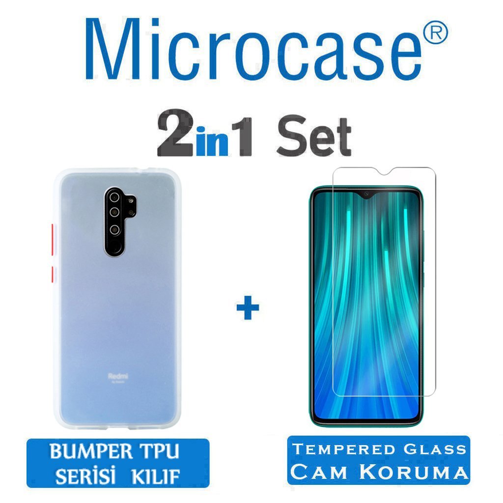 Microcase Xiaomi Redmi Note 8 Pro Bumper Tpu Serisi Sert Kılıf - Beyaz + Tempered Glass Cam Koruma