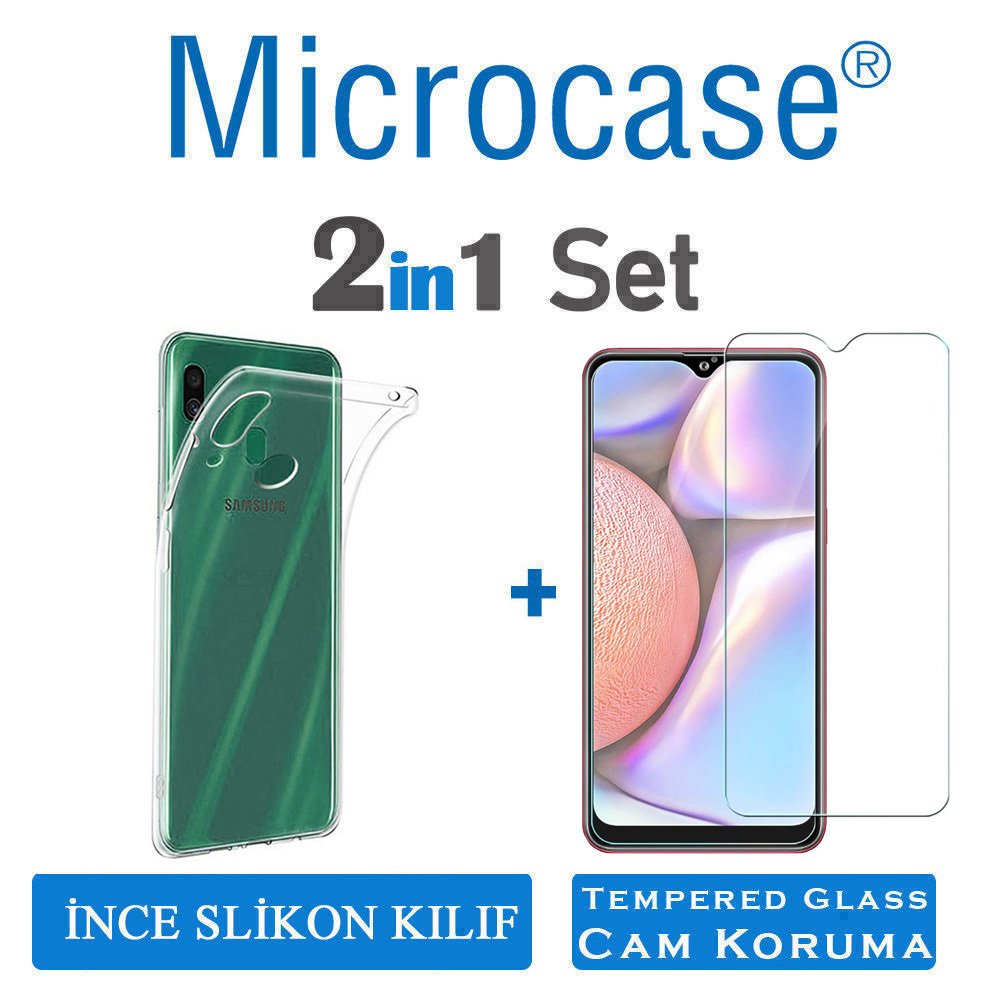 Microcase Samsung Galaxy A10s Ultra İnce 0.2 mm Soft Silikon Kılıf - Şeffaf + Tempered Glass Cam Koruma