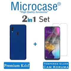 Microcase Samsung Galaxy A20e Premium Matte Silikon Kılıf + Tempered Glass Cam Koruma Lacivert