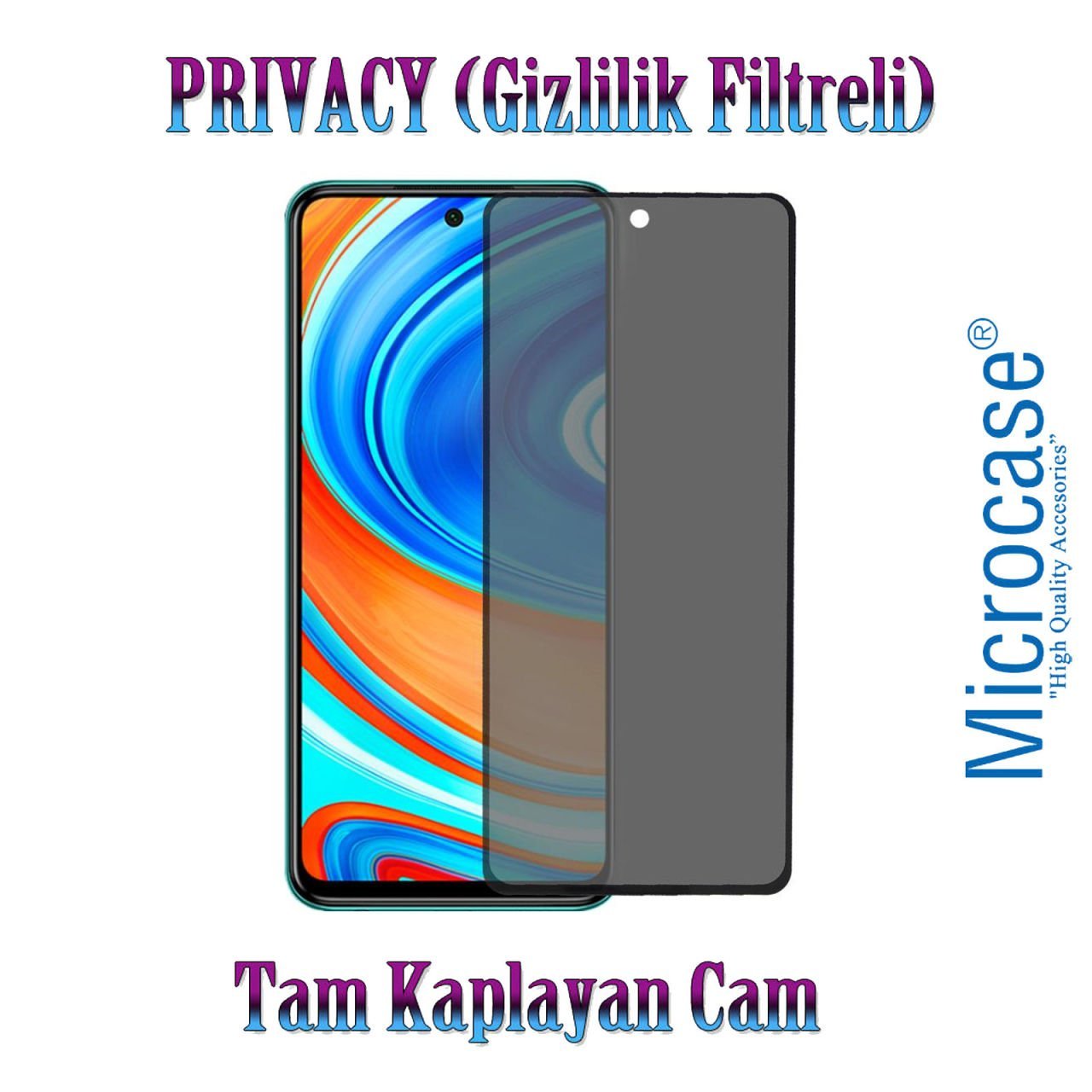 Microcase Xiaomi Redmi Note 9 Pro Privacy Gizlilik Filtreli Tam Kaplayan Tempered Cam - AL3125