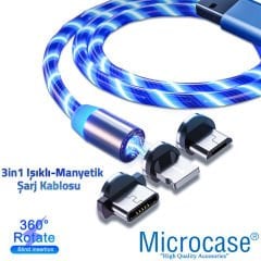 Microcase 3in1 Lightning Type C Micro USB Işıklı Manyetik Şarj Kablosu 100 cm - AL2618