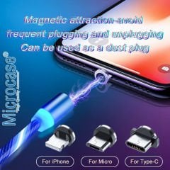 Microcase 3in1 Lightning Type C Micro USB Işıklı Manyetik Şarj Kablosu 100 cm - AL2618