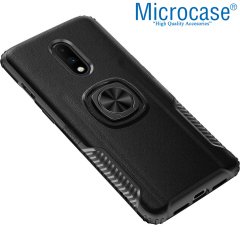 Microcase OnePlus 7 Rome Serisi Yüzük Standlı Armor Kılıf - Siyah + Tempered Glass Cam Koruma