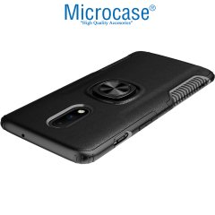 Microcase OnePlus 7 Rome Serisi Yüzük Standlı Armor Kılıf - Siyah + Tempered Glass Cam Koruma
