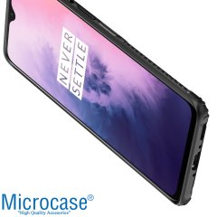 Microcase OnePlus 7 Rome Serisi Yüzük Standlı Armor Kılıf - Siyah + Tempered Glass Cam Koruma
