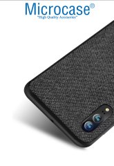 Microcase Huawei P20 Fabrik Serisi Kumaş ve Deri Desen Kılıf - Siyah + Tempered Glass Cam Koruma