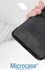 Microcase Huawei P20 Fabrik Serisi Kumaş ve Deri Desen Kılıf - Siyah + Tempered Glass Cam Koruma