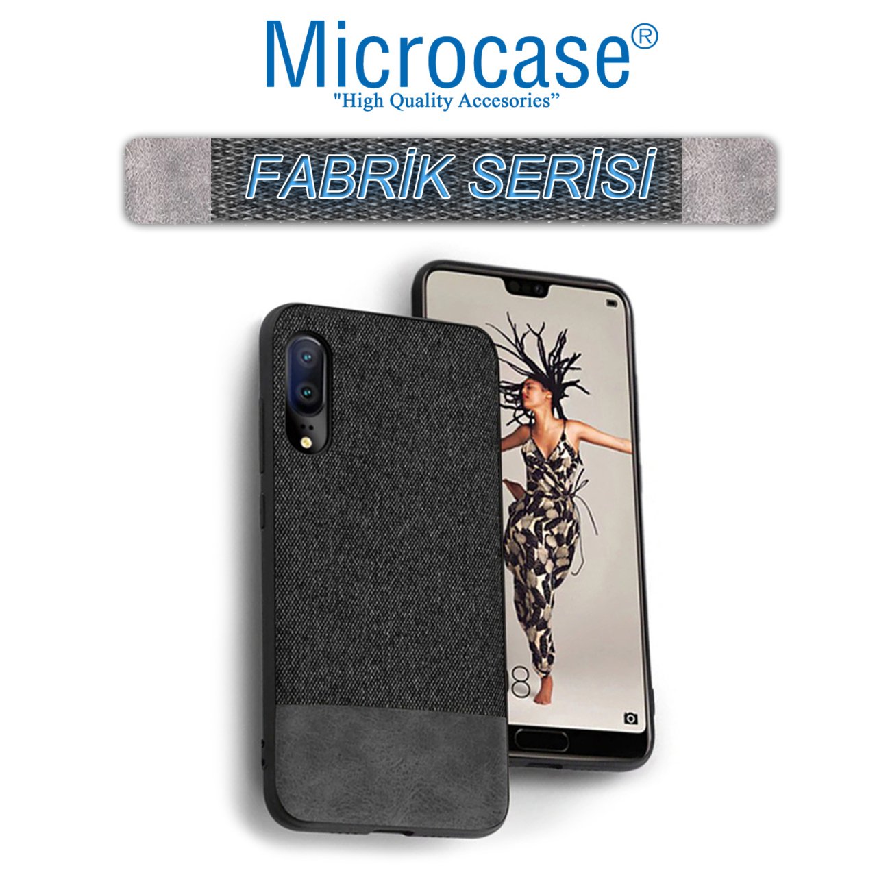 Microcase Huawei P20 Fabrik Serisi Kumaş ve Deri Desen Kılıf - Siyah