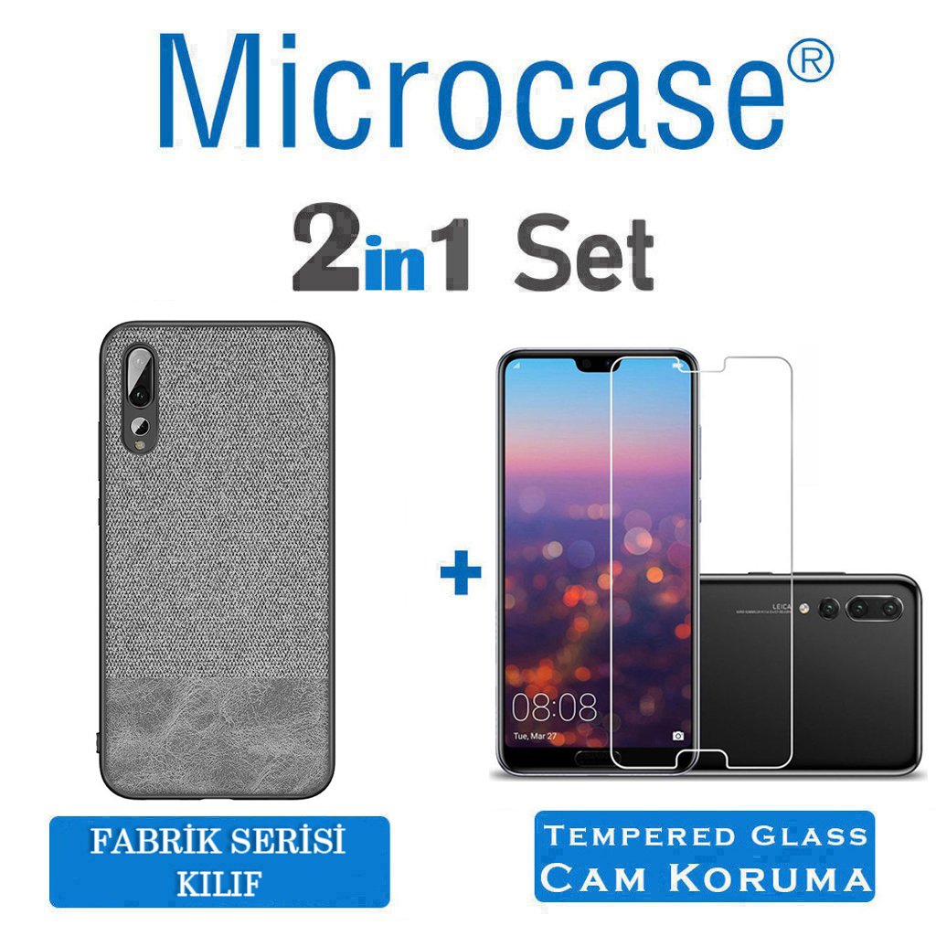 Microcase Huawei P20 Pro Fabrik Serisi Kumaş ve Deri Desen Kılıf - Gri + Tempered Glass Cam Koruma