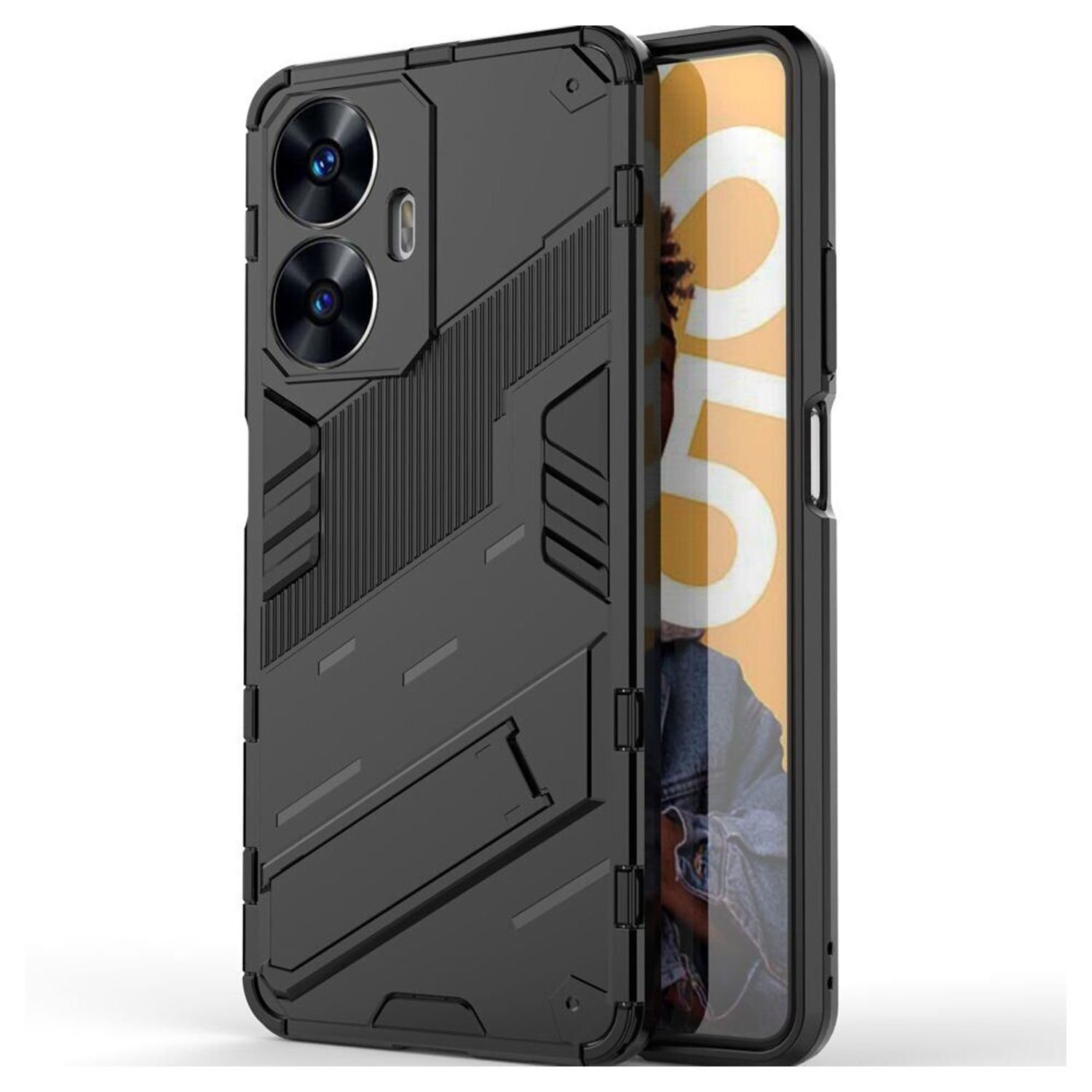 Microcase Realme C55 Matrix Serisi Armor Standlı Perfect Koruma Kılıf - Siyah AL3416