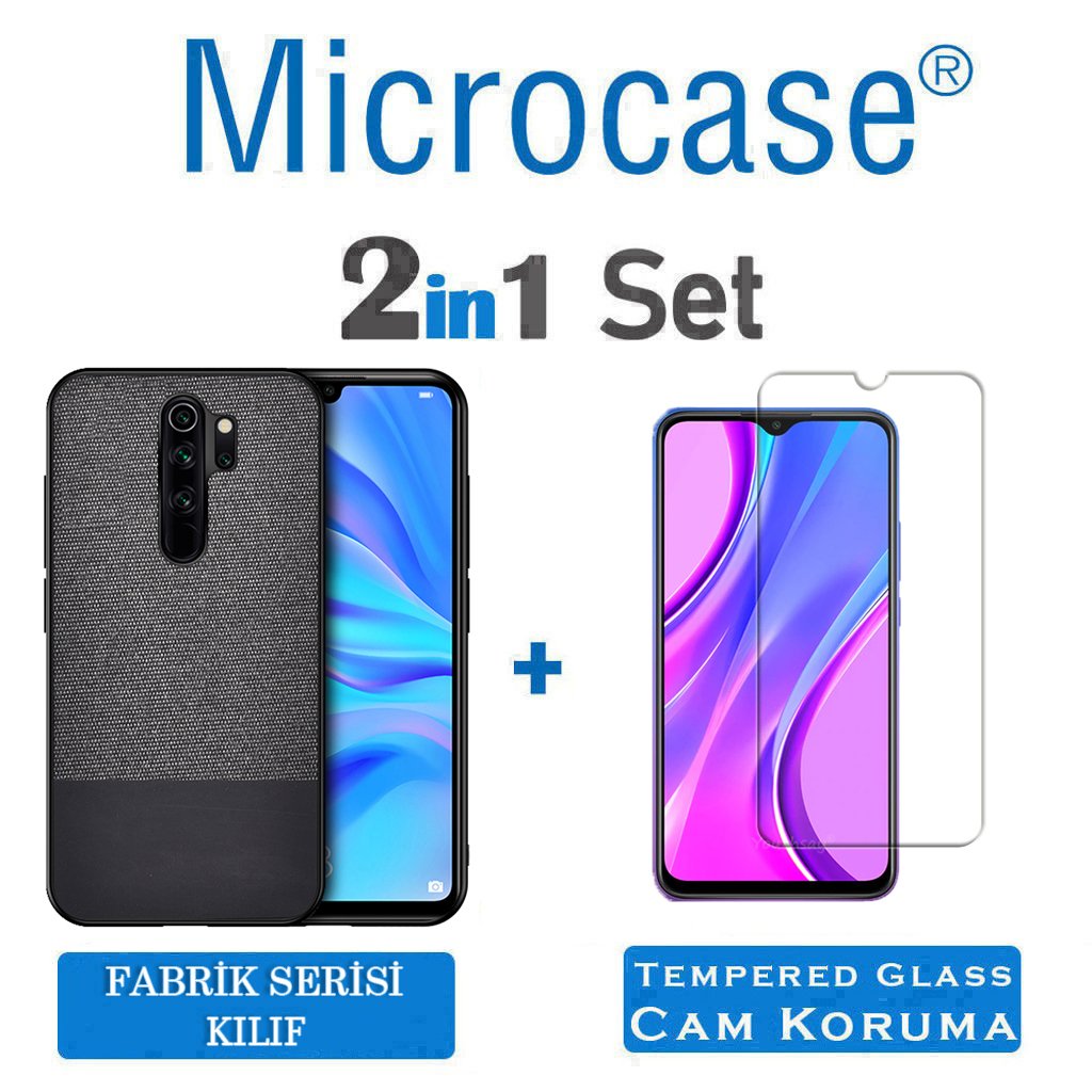 Microcase Xiaomi Redmi 9 Fabrik Serisi Kumaş ve Deri Desen Kılıf -Siyah + Tempered Glass Cam Koruma