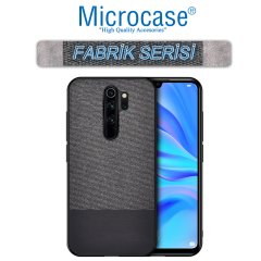 Microcase Xiaomi Redmi 9 Fabrik Serisi Kumaş ve Deri Desen Kılıf -Siyah + Tempered Glass Cam Koruma